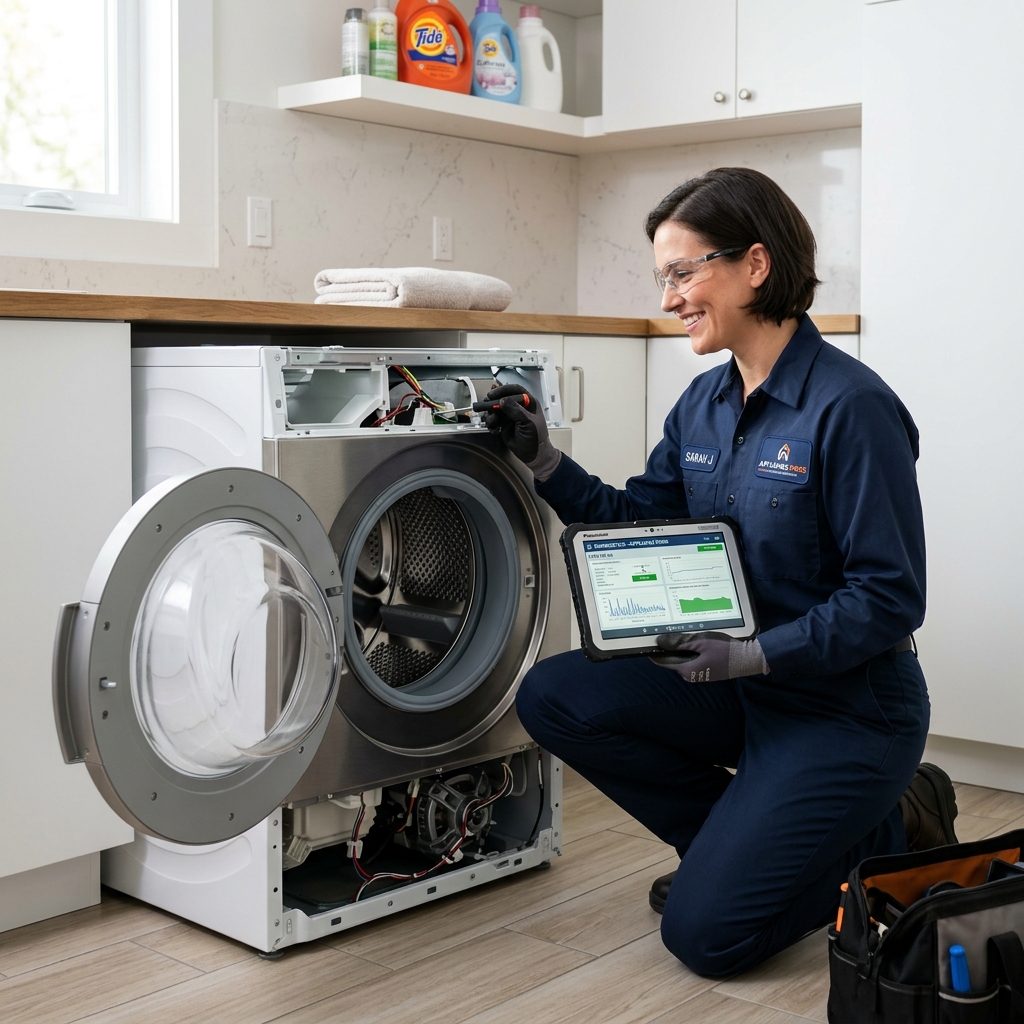 Appliance technician checking a washing machine during a doorstep repair visit